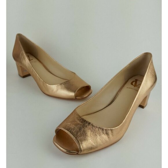 Vince Camuto Signature 7M Gold Metallic Open Toe Block Heel Shoes Lamb Leather - Picture 1 of 12